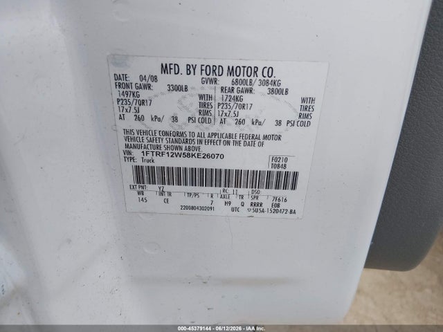 Aukcja sprzedaży 2008 Ford F-150 Fx2/stx/xl/xlt, vin: 1FTRF12W58KE26070, numer aukcji: 45379144