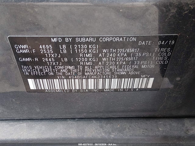 Subaru Outback 2.5i Premium 2019 4S4BSAFCXK3345639 Image 9