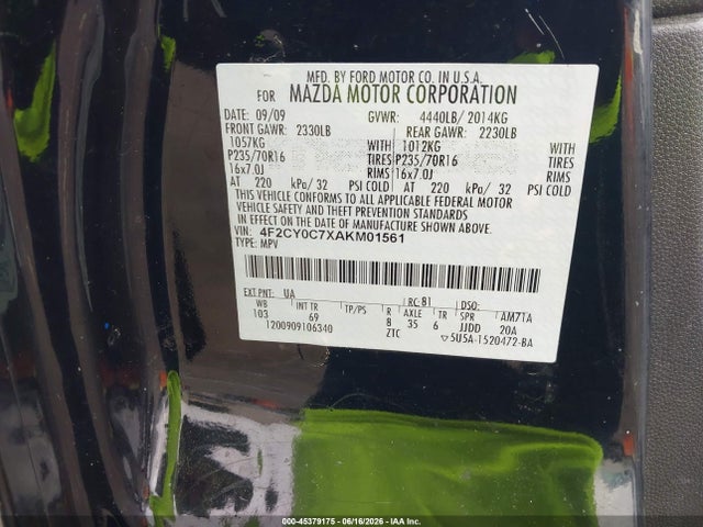 2010 Mazda Tribute I Grand Touring მანქანა იყიდება აუქციონზე, vin: 4F2CY0C7XAKM01561, აუქციონის ნომერი: 45379175