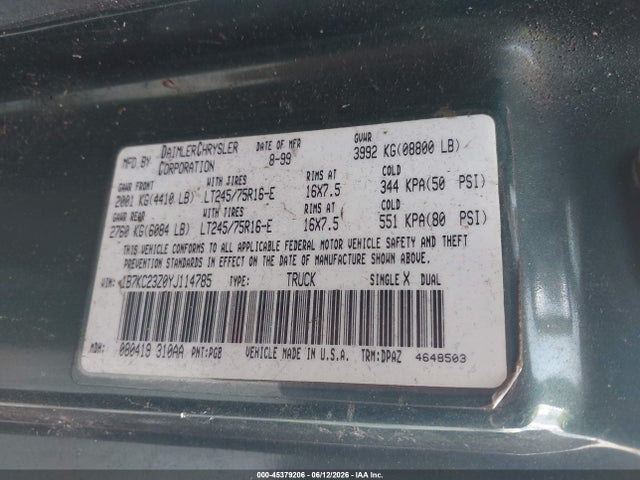 Продаж на аукціоні авто 2000 Dodge Ram 2500 St, vin: 1B7KC23Z0YJ114785, номер лоту: 45379206