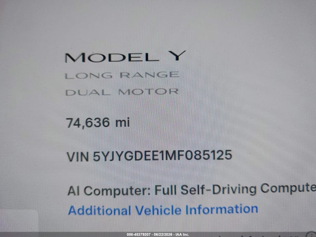 Продажа на аукционе авто 2021 Tesla Model Y Long Range Dual Motor All-wheel Drive, vin: 5YJYGDEE1MF085125, номер лота: 45379207
