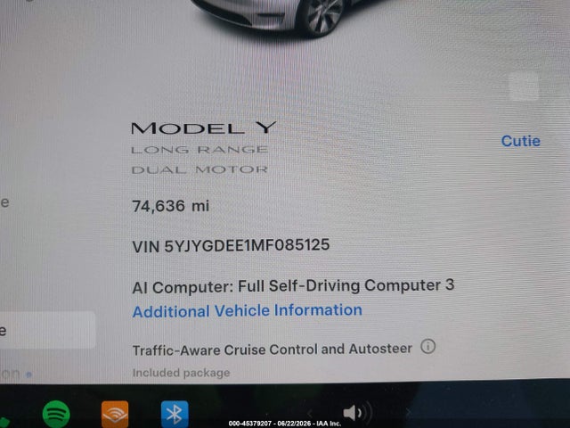 Продажа на аукционе авто 2021 Tesla Model Y Long Range Dual Motor All-wheel Drive, vin: 5YJYGDEE1MF085125, номер лота: 45379207