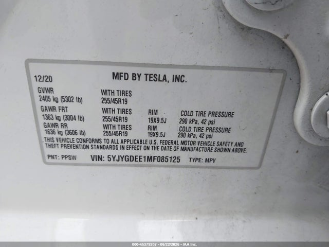 Продажа на аукционе авто 2021 Tesla Model Y Long Range Dual Motor All-wheel Drive, vin: 5YJYGDEE1MF085125, номер лота: 45379207