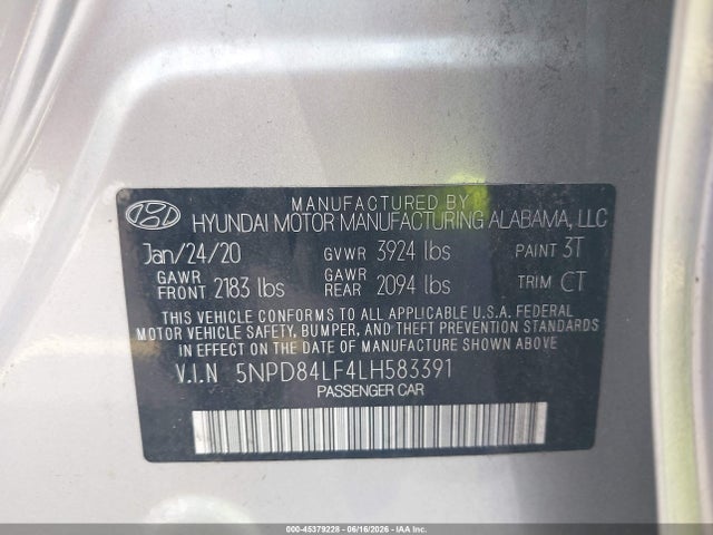 45379228 :رقم المزاد ، 5NPD84LF4LH583391 vin ، 2020 Hyundai Elantra Sel مزاد بيع