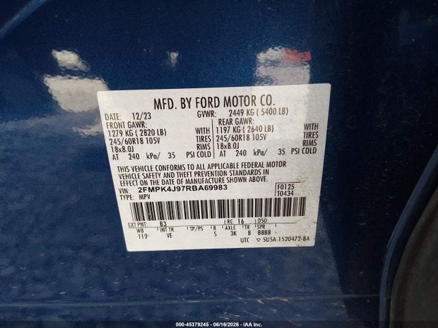 2024 Ford Edge Sel მანქანა იყიდება აუქციონზე, vin: 2FMPK4J97RBA69983, აუქციონის ნომერი: 45379245