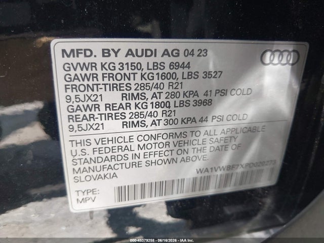 Aukcja sprzedaży 2023 Audi Sq7 Prestige Tfsi Quattro Tiptronic, vin: WA1VWBF7XPD020273, numer aukcji: 45379258