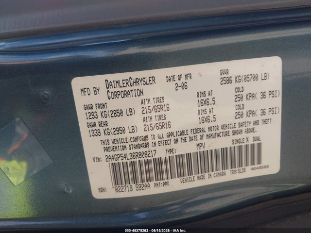 Продажа на аукционе авто 2006 Chrysler Town & Country Touring, vin: 2A4GP54L36R808217, номер лота: 45379263