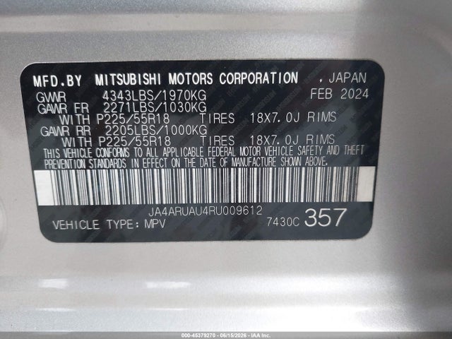 Auction sale of the 2024 Mitsubishi Outlander Sport 2.0 Le Awc, vin: JA4ARUAU4RU009612, lot number: 45379270