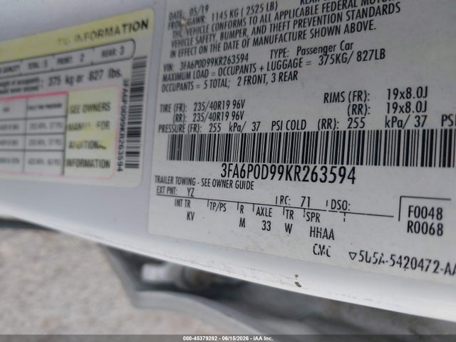 Продаж на аукціоні авто 2019 Ford Fusion Titanium, vin: 3FA6P0D99KR263594, номер лоту: 45379282