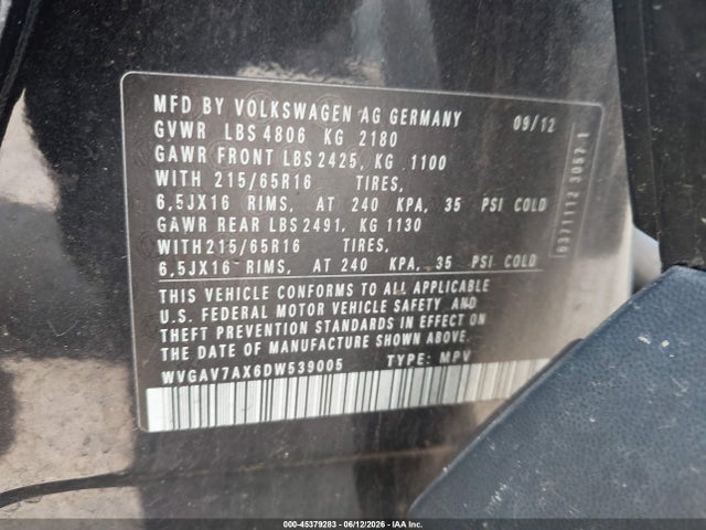Продаж на аукціоні авто 2013 Volkswagen Tiguan S, vin: WVGAV7AX6DW539005, номер лоту: 45379283