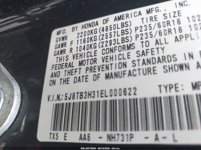 45379289 :رقم المزاد ، 5J8TB3H31EL000622 vin ، 2014 Acura Rdx مزاد بيع