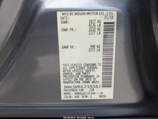 Aukcja sprzedaży 2018 Nissan Altima 2.5 S, vin: 1N4AL3AP8JC259382, numer aukcji: 45379310