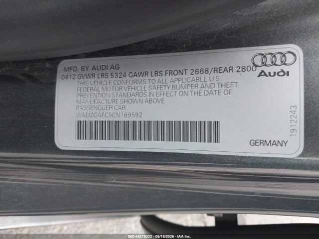 45379322 :رقم المزاد ، WAU2GAFC5CN169592 vin ، 2012 Audi A7 3.0 Prestige مزاد بيع