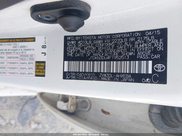 2015 Toyota Prius Two მანქანა იყიდება აუქციონზე, vin: JTDKN3DU4F1952513, აუქციონის ნომერი: 45379333