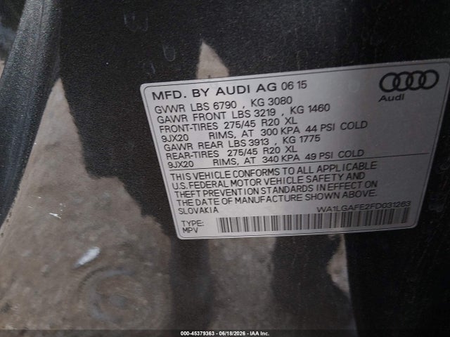Auction sale of the 2015 Audi Q7 3.0t Premium, vin: WA1LGAFE2FD031263, lot number: 45379363