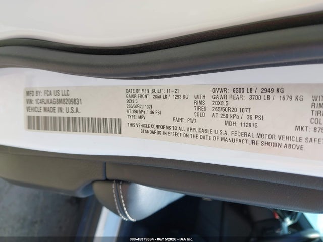 1C4RJKAG8M8209831 Jeep Grand Cherokee L Altitude 4x4