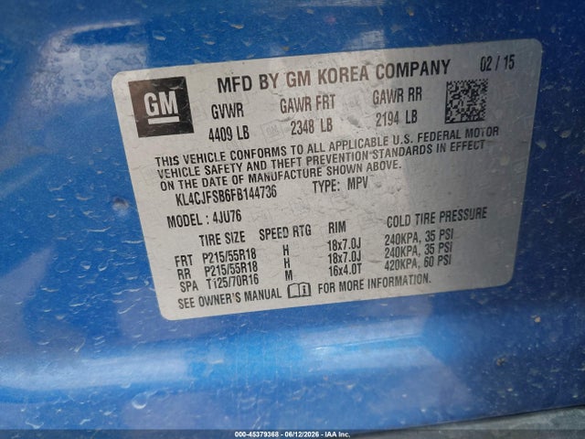 Aukcja sprzedaży 2015 Buick Encore Convenience, vin: KL4CJFSB6FB144736, numer aukcji: 45379368