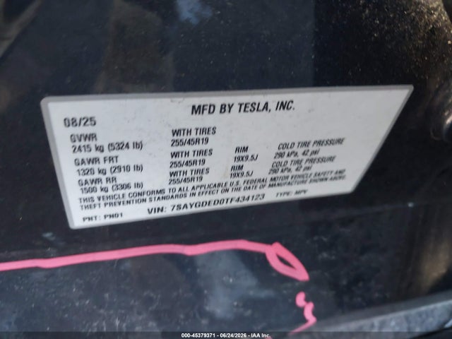 Aukcja sprzedaży 2026 Tesla Model Y Premium Rear-wheel Drive/rear-wheel Drive, vin: 7SAYGDED0TF434123, numer aukcji: 45379371