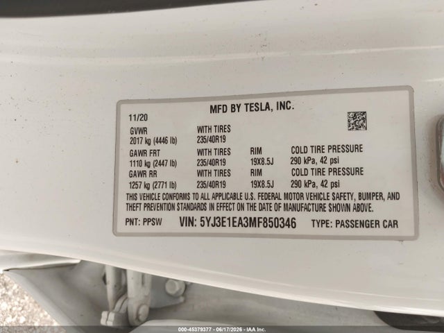 Продажа на аукционе авто 2021 Tesla Model 3 Standard Range Plus Rear-wheel Drive, vin: 5YJ3E1EA3MF850346, номер лота: 45379377