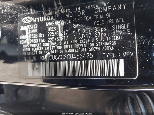 Продаж на аукціоні авто 2012 Hyundai Tucson Gls, vin: KM8JUCAC3CU456425, номер лоту: 45379380