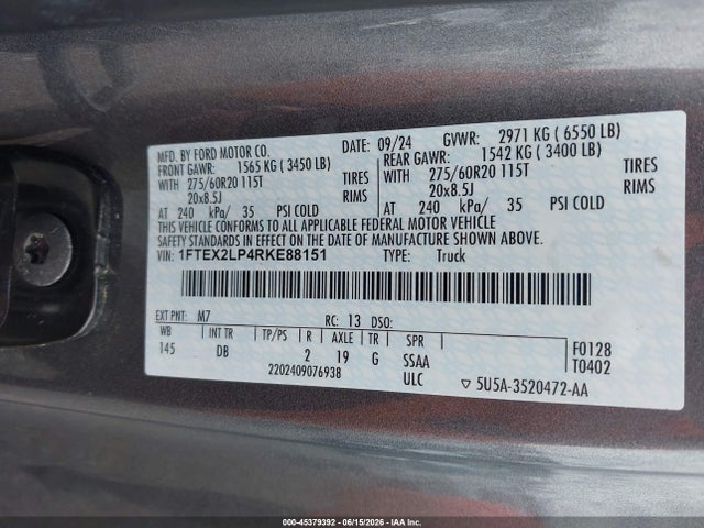 Продажа на аукционе авто 2024 Ford F-150 Stx, vin: 1FTEX2LP4RKE88151, номер лота: 45379392