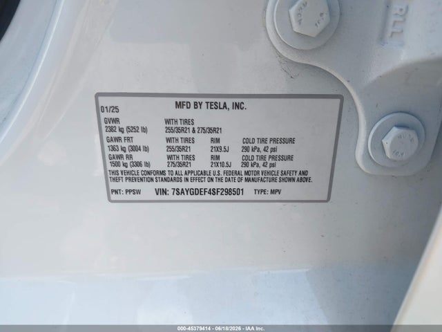 2025 Tesla Model Y Performance Dual Motor All-wheel Drive მანქანა იყიდება აუქციონზე, vin: 7SAYGDEF4SF298501, აუქციონის ნომერი: 45379414