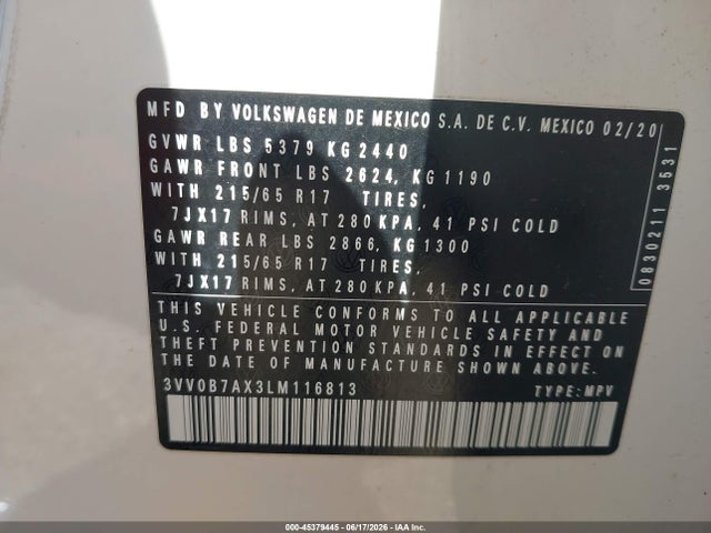 2020 Volkswagen Tiguan 2.0t S მანქანა იყიდება აუქციონზე, vin: 3VV0B7AX3LM116813, აუქციონის ნომერი: 45379445