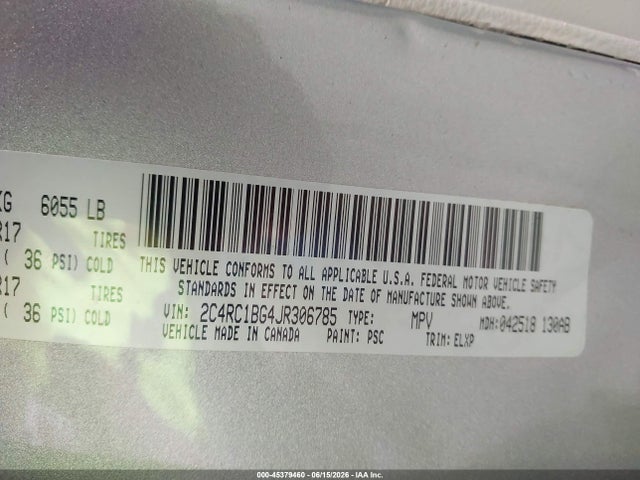 45379460 :رقم المزاد ، 2C4RC1BG4JR306785 vin ، 2018 Chrysler Pacifica Touring L مزاد بيع