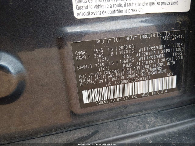 45379477 :رقم المزاد ، 4S4BRBCC5B3403369 vin ، 2011 Subaru Outback 2.5i Premium مزاد بيع
