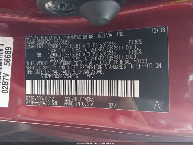 Aukcja sprzedaży 2009 Toyota Sienna Le, vin: 5TDZK23C69S254616, numer aukcji: 45379491
