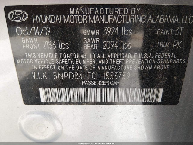 Продаж на аукціоні авто 2020 Hyundai Elantra Sel, vin: 5NPD84LF0LH553739, номер лоту: 45379513