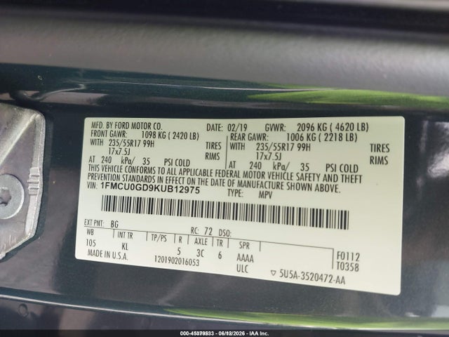 Продаж на аукціоні авто 2019 Ford Escape Se, vin: 1FMCU0GD9KUB12975, номер лоту: 45379533
