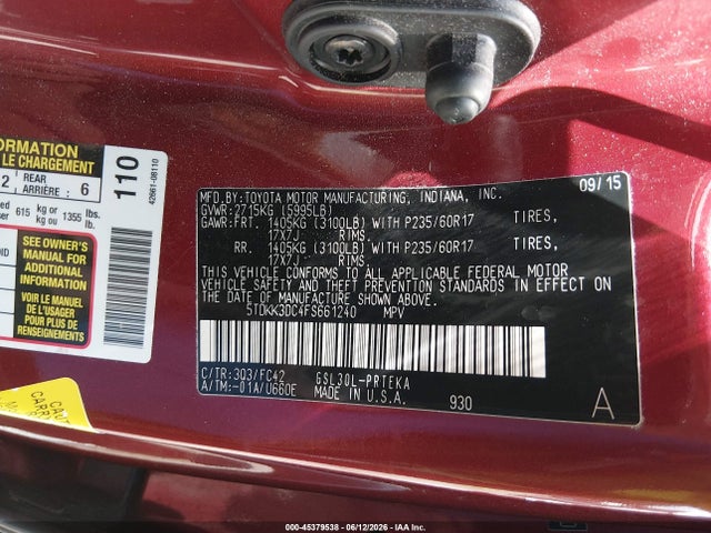 45379538 :رقم المزاد ، 5TDKK3DC4FS661240 vin ، 2015 Toyota Sienna Le 8 Passenger مزاد بيع