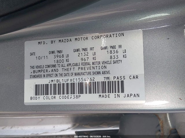 Aukcja sprzedaży 2012 Mazda Mazda3 I Sport, vin: JM1BL1UFXC1554262, numer aukcji: 45379542