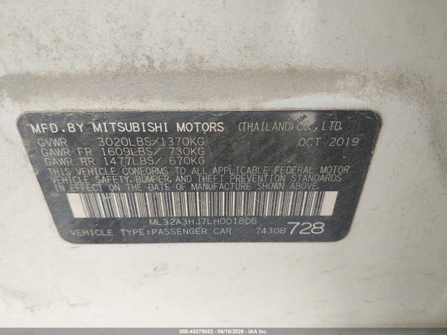 2020 Mitsubishi Mirage Es მანქანა იყიდება აუქციონზე, vin: ML32A3HJ7LH001806, აუქციონის ნომერი: 45379552