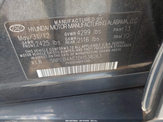 Aukcja sprzedaży 2013 Hyundai Sonata Gls, vin: 5NPEB4AC1DH538263, numer aukcji: 45379553