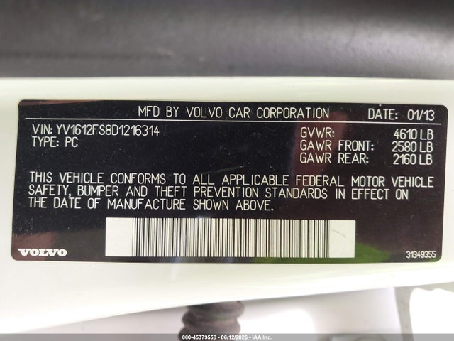 45379558 :رقم المزاد ، YV1612FS8D1216314 vin ، 2013 Volvo S60 T5 مزاد بيع