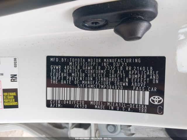 2021 Toyota Corolla Se მანქანა იყიდება აუქციონზე, vin: 5YFS4MCE7MP084020, აუქციონის ნომერი: 45379585