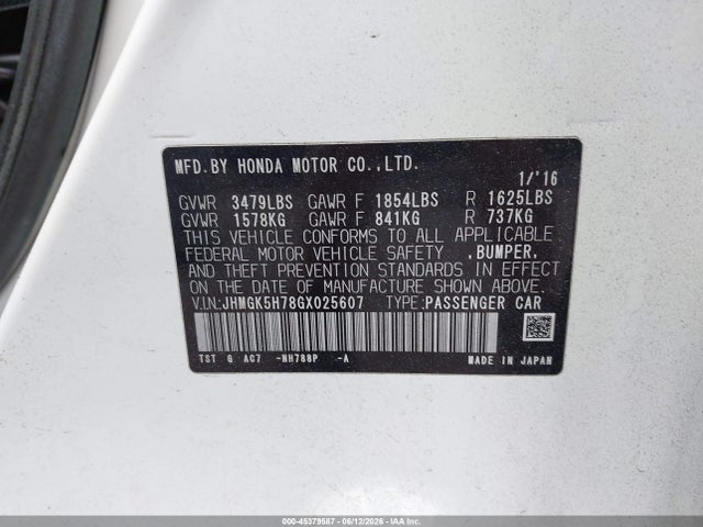 Auction sale of the 2016 Honda Fit Ex, vin: JHMGK5H78GX025607, lot number: 45379587