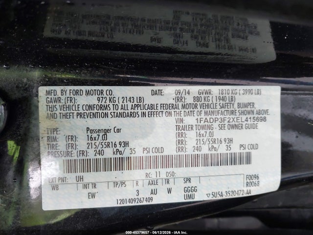 45379657 :رقم المزاد ، 1FADP3F2XEL415698 vin ، 2014 Ford Focus Se مزاد بيع
