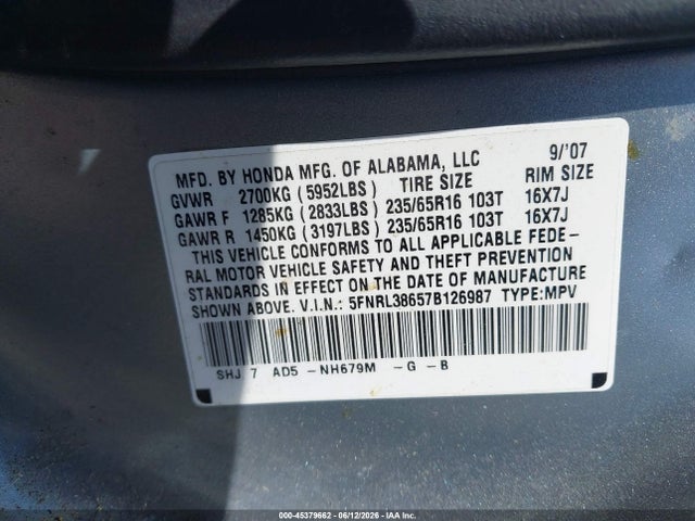 Продажа на аукционе авто 2007 Honda Odyssey Ex-l, vin: 5FNRL38657B126987, номер лота: 45379662