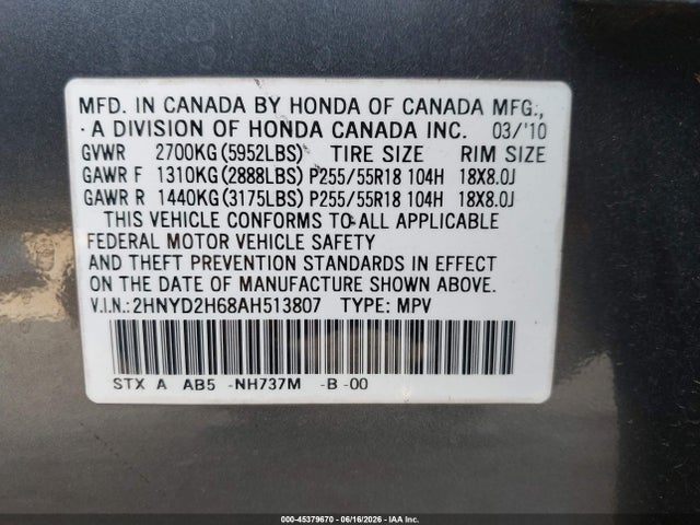 Auction sale of the 2010 Acura Mdx Technology Package, vin: 2HNYD2H68AH513807, lot number: 45379670