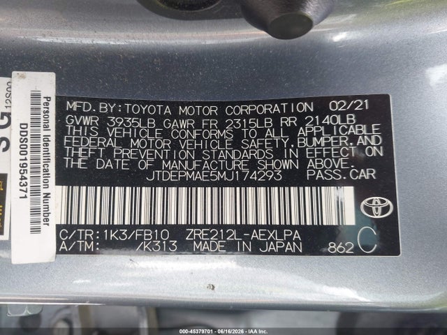 Продаж на аукціоні авто 2021 Toyota Corolla Le, vin: JTDEPMAE5MJ174293, номер лоту: 45379701