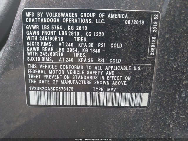 2019 Volkswagen Atlas 3.6l V6 Se მანქანა იყიდება აუქციონზე, vin: 1V2DR2CA8KC578175, აუქციონის ნომერი: 45379705