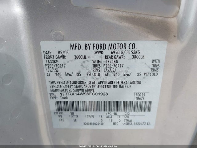 Продаж на аукціоні авто 2008 Ford F-150 60th Anniversary/stx/xl/xlt, vin: 1FTRX14W98FC01928, номер лоту: 45379712