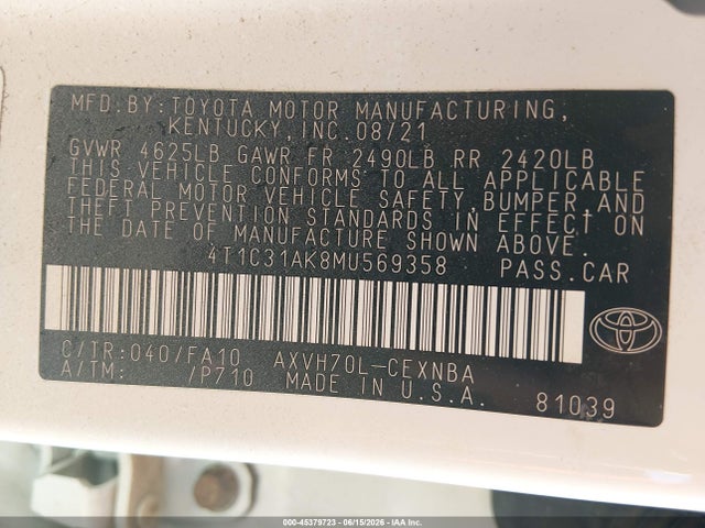 Продаж на аукціоні авто 2021 Toyota Camry Le Hybrid, vin: 4T1C31AK8MU569358, номер лоту: 45379723