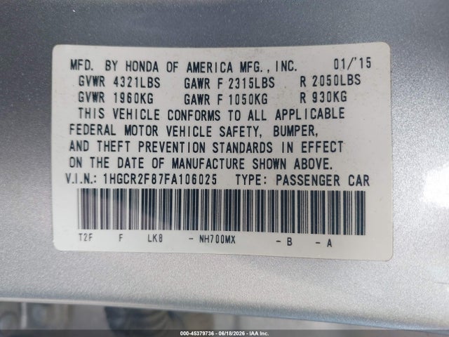 Honda Accord Ex-l 2015 1HGCR2F87FA106025 Image 9