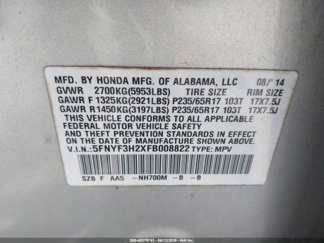 Aukcja sprzedaży 2015 Honda Pilot Lx, vin: 5FNYF3H2XFB008822, numer aukcji: 45379743