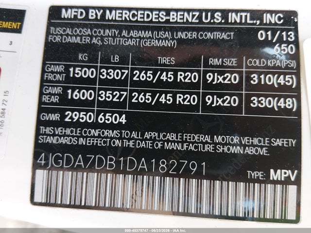 45379747 :رقم المزاد ، 4JGDA7DB1DA182791 vin ، 2013 Mercedes-benz Ml 550 4matic مزاد بيع