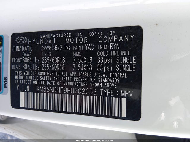 2017 Hyundai Santa Fe Limited მანქანა იყიდება აუქციონზე, vin: KM8SNDHF9HU202653, აუქციონის ნომერი: 45379763